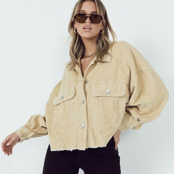Princess Polly Lost Feelings Tan Raw Hem Cropped Corduroy Jacket Medium Large - Picture 5 of 15